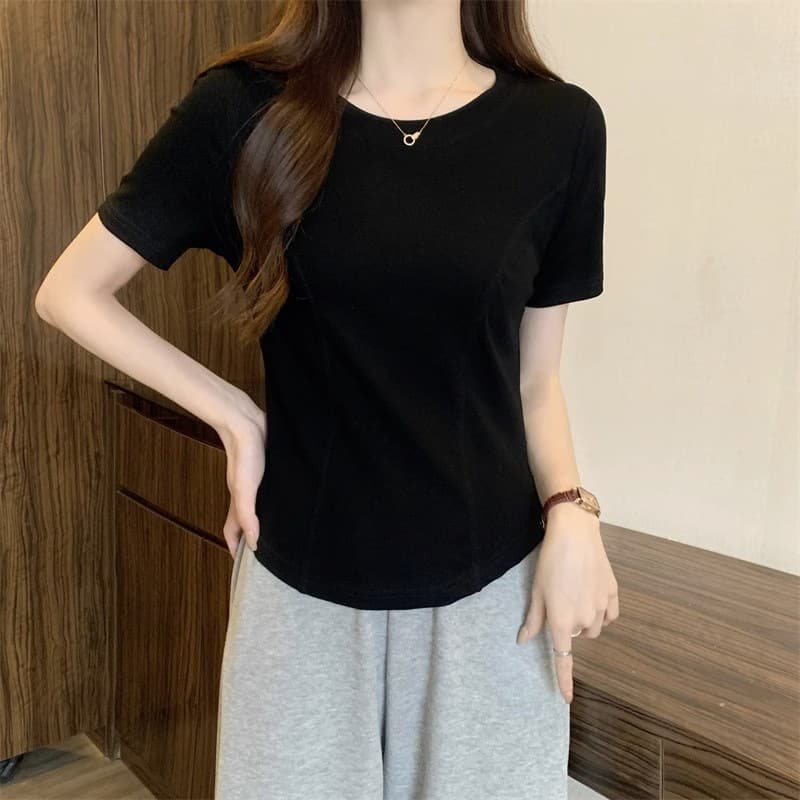無地 Tシャツ シンプル丸首半袖レディース無地シャツ