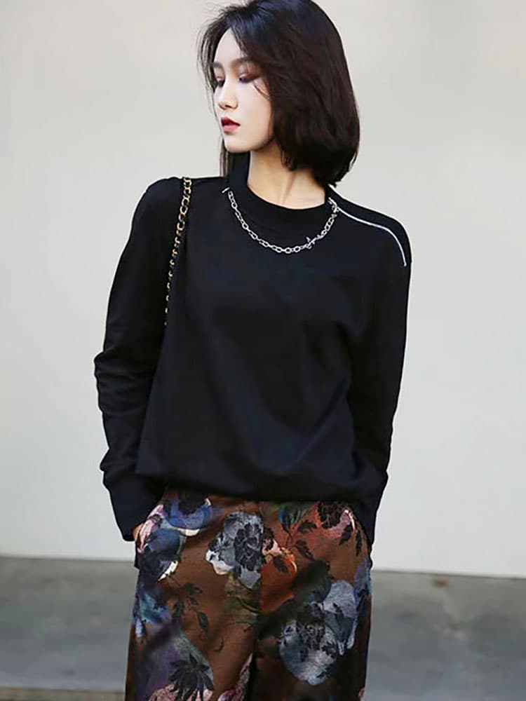 無地 Tシャツ チェーンネックレス付き長袖無地シャツ