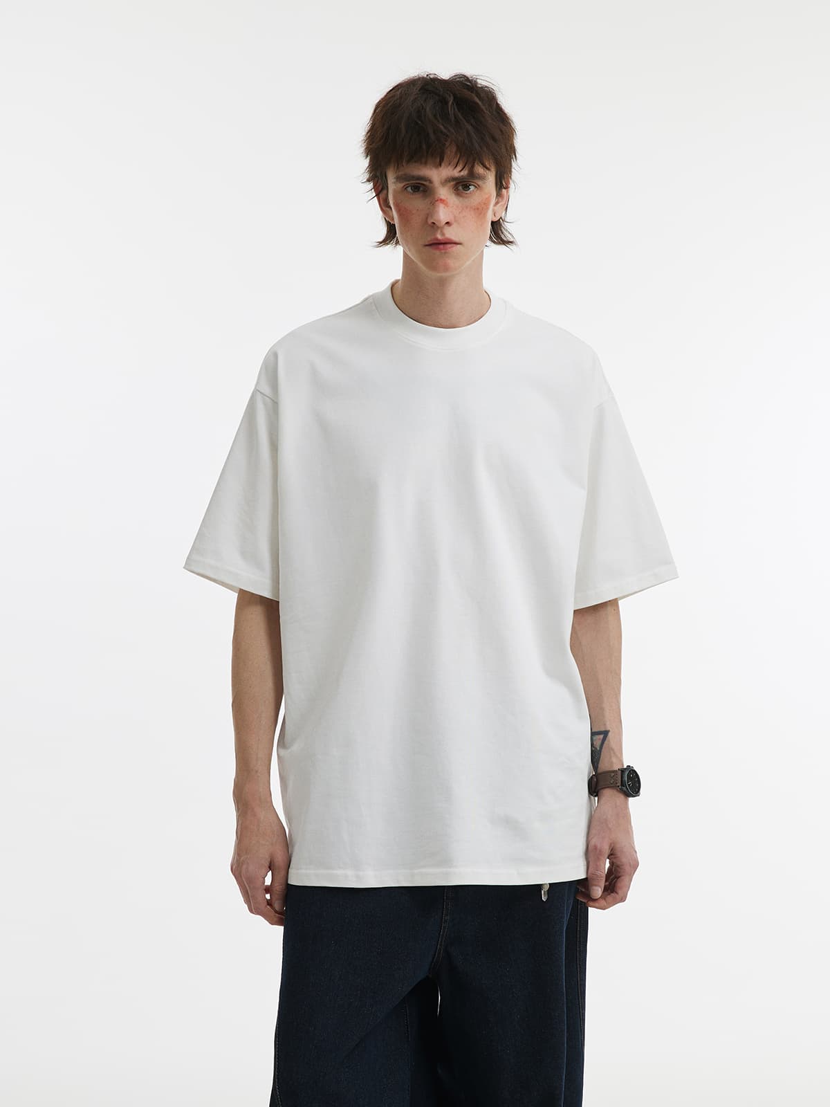 無地 Tシャツ モックネックゆったり半袖無地シャツ