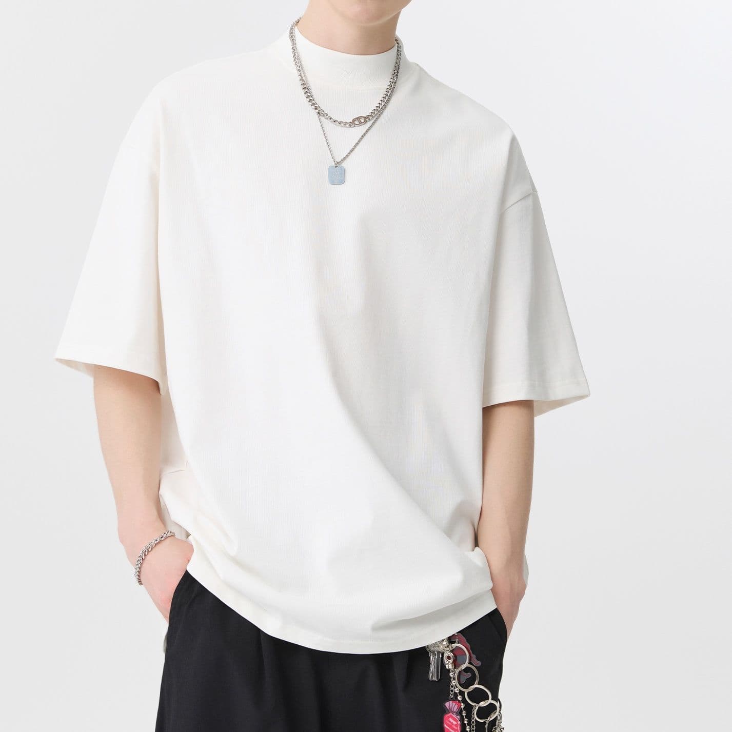 無地 Tシャツ モックネック ゆったり半袖
