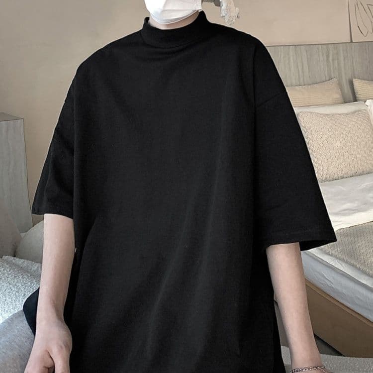 無地 Tシャツ スタンドカラー ビッグシルエット 半袖