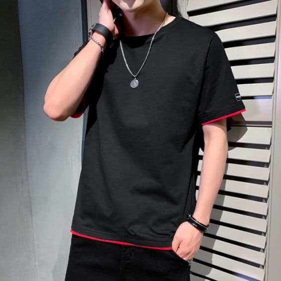 無地 Tシャツ 重ね着風裾ライン無地半袖