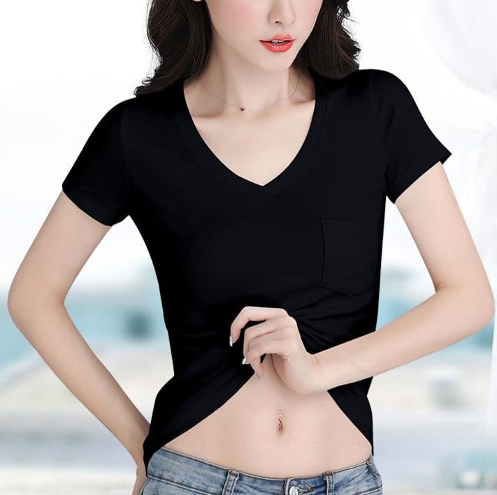 無地 Tシャツ 胸ポケット付き Vネック シンプル半袖