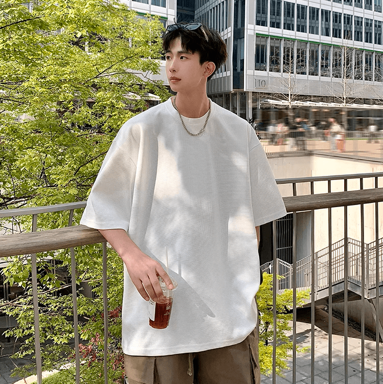 無地 Tシャツ 凹凸織り ワッフル風 ゆったり半袖シャツ