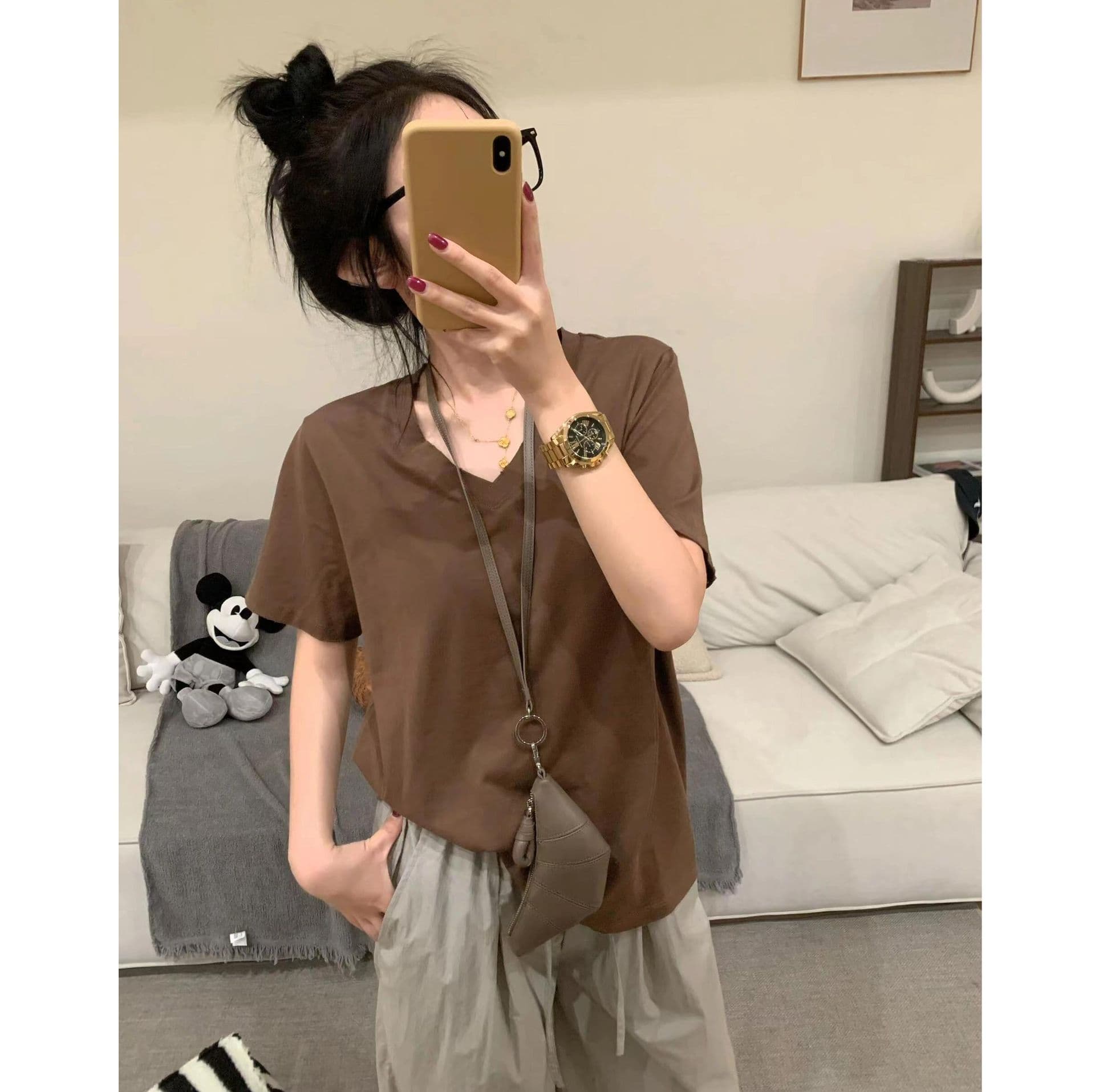 無地 Tシャツ レトロスタイル Vネック 半袖 Tシャツ