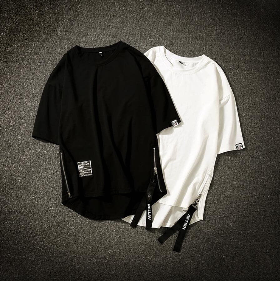 無地 Tシャツ 無地半袖ティーシャツ サイドジッパー ロング丈 男性用