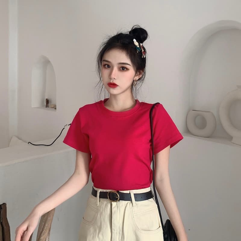 無地 Tシャツ シンプル丸首半袖カットソー
