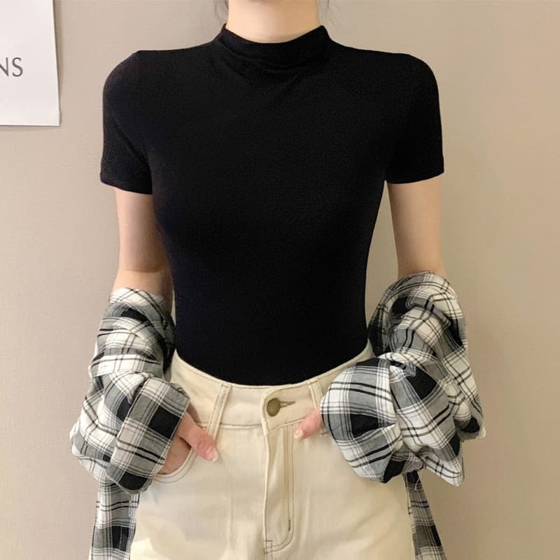 無地 Tシャツ すっきり着こなし モックネック半袖トップス