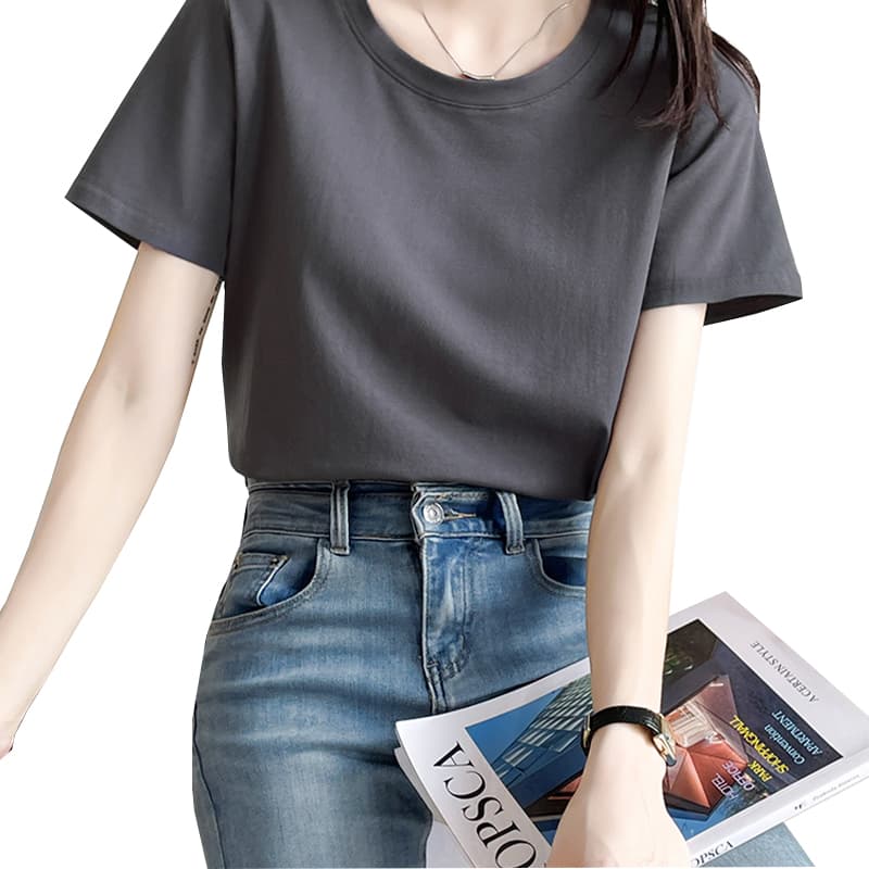無地 Tシャツ レディース シンプル丸襟ベーシック半袖カットソー