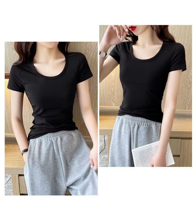 無地 Tシャツ 女性らしさ引き立つ丸首無地半袖