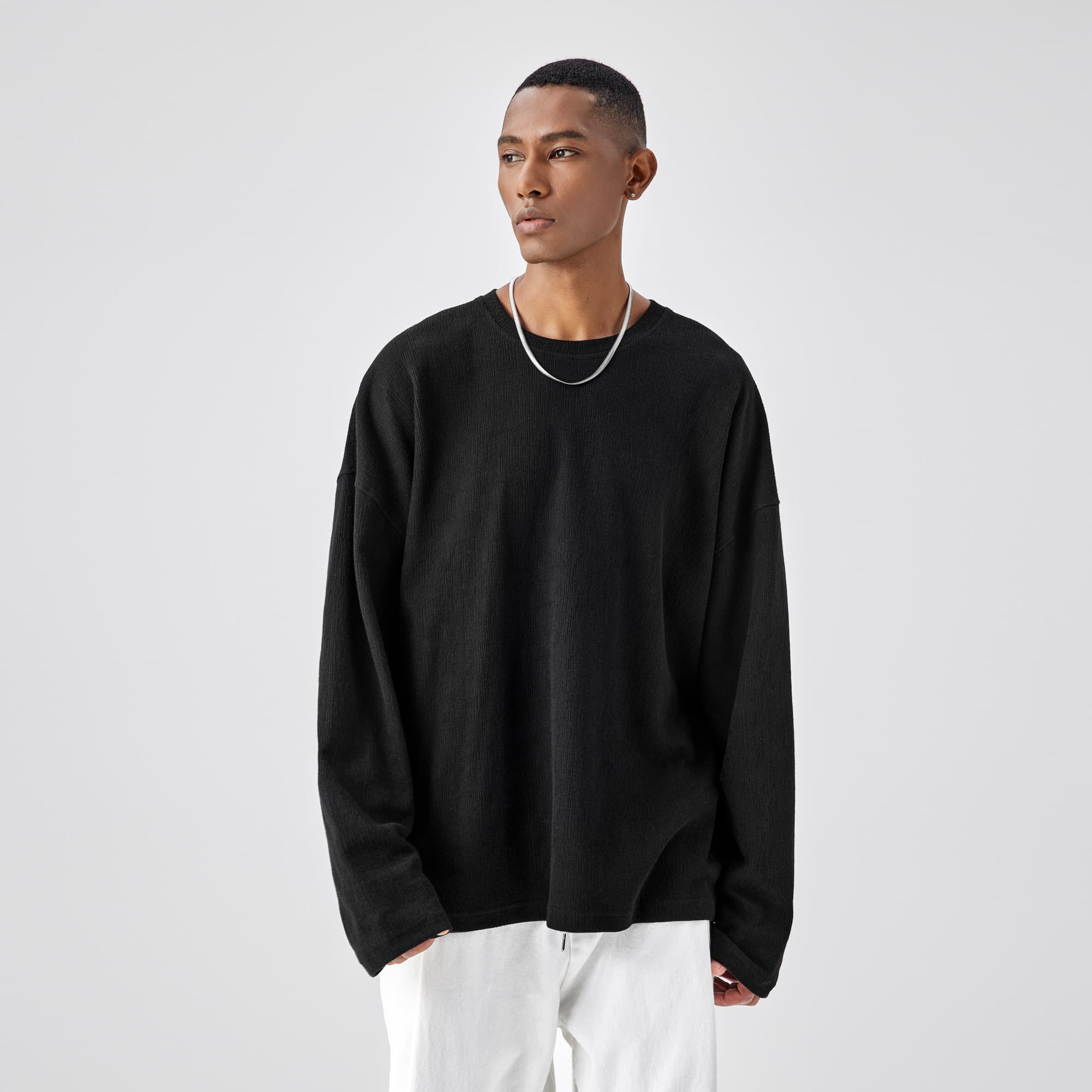 無地 Tシャツ ゆったりシルエット テクスチャー入り 長袖カットソー