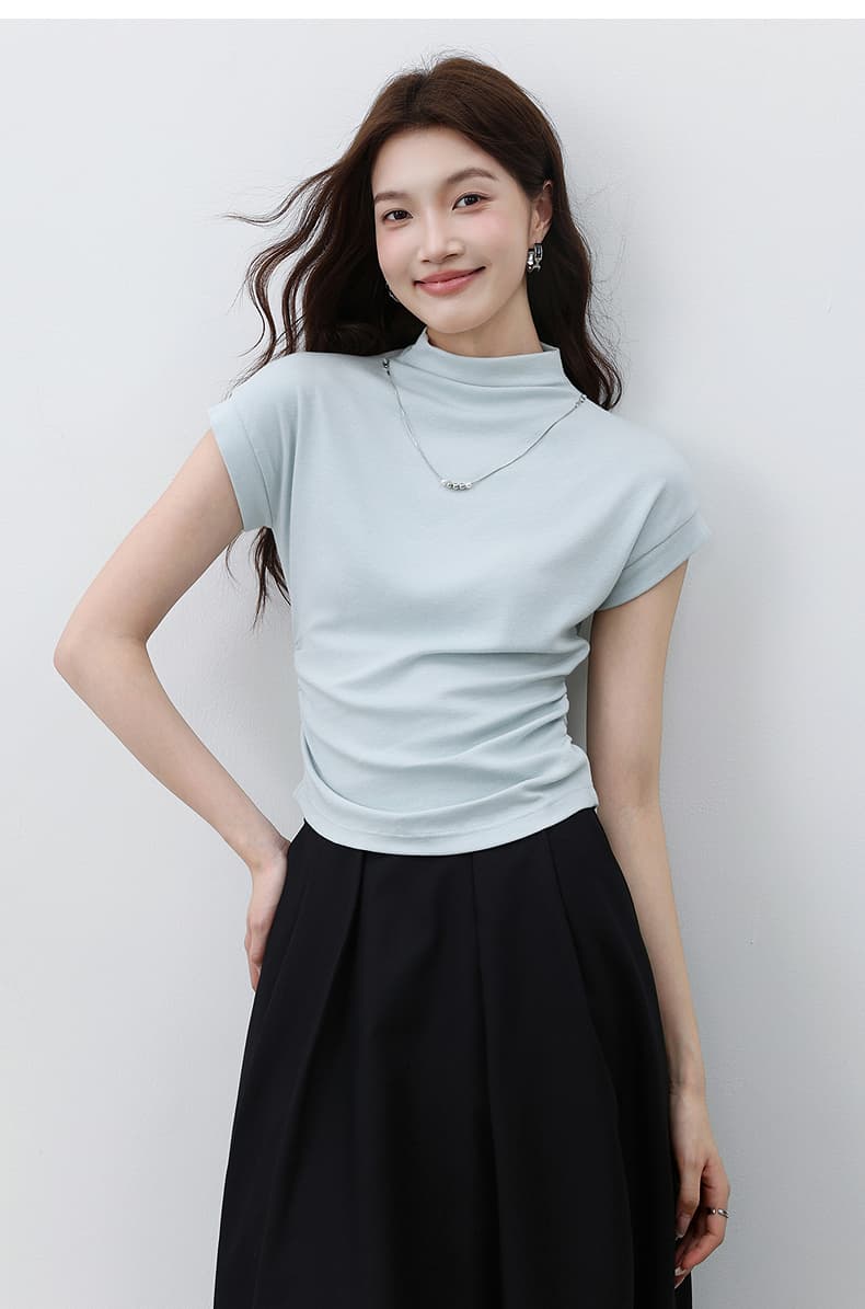 無地 Tシャツ すっきりハイネック無地フレンチ袖