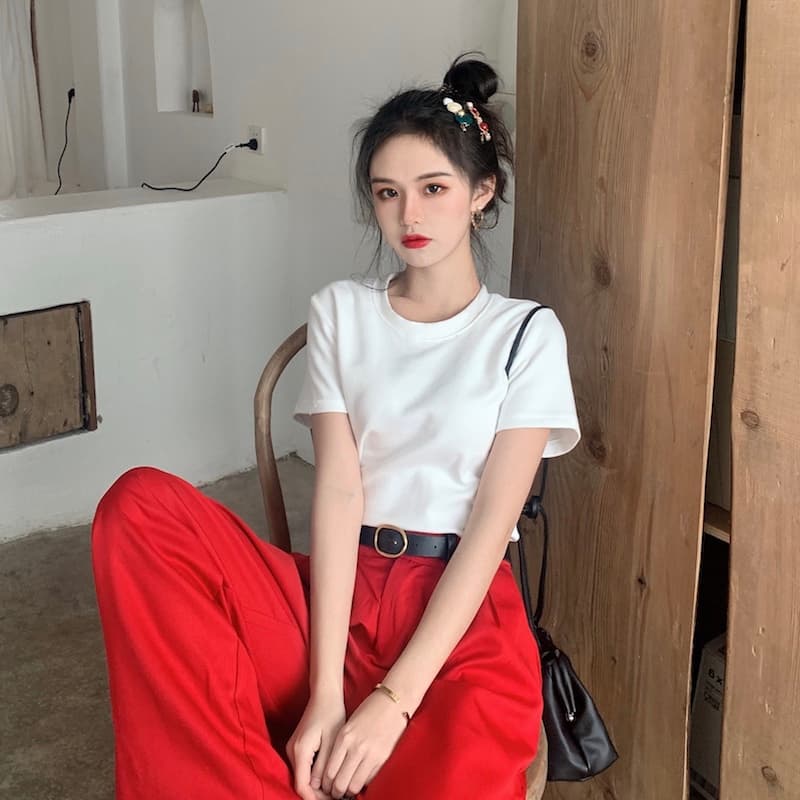 無地 Tシャツ シンプル丸首半袖カットソー