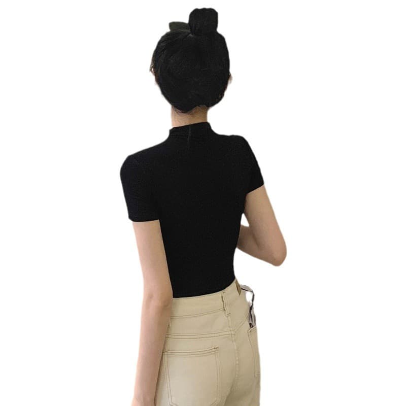 無地 Tシャツ すっきり着こなし モックネック半袖トップス