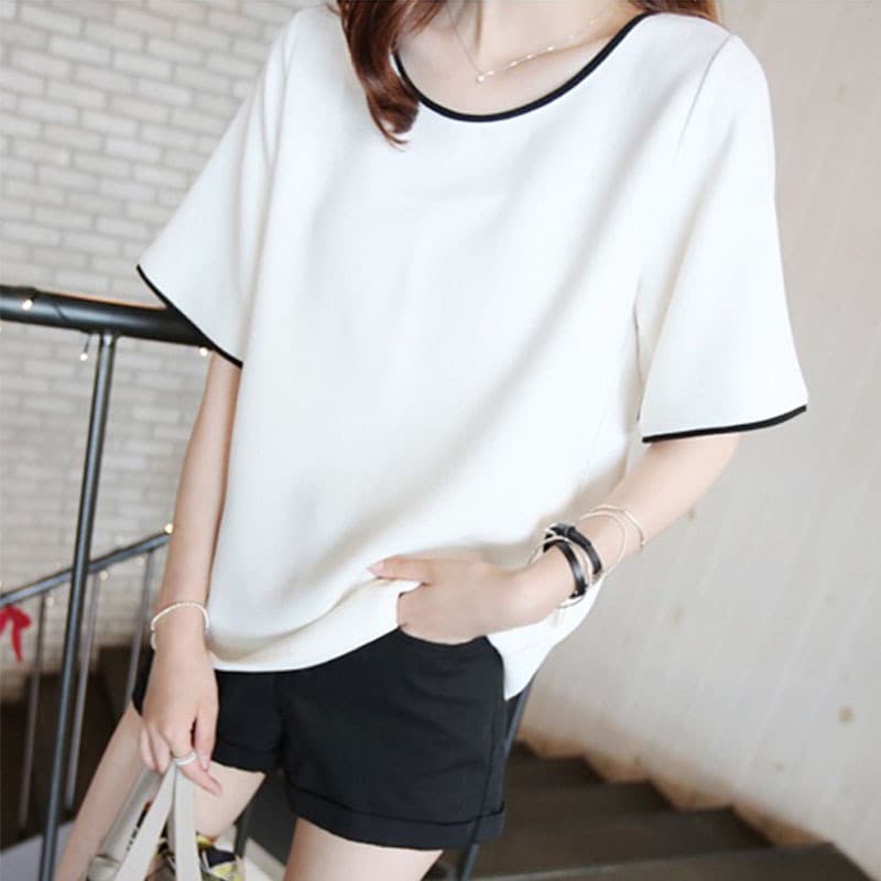 無地 Tシャツ ゆったり丸首パイピング半袖トップス