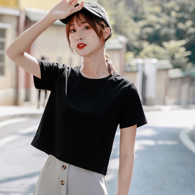 無地 Tシャツ シンプル短丈クロップド無地半袖