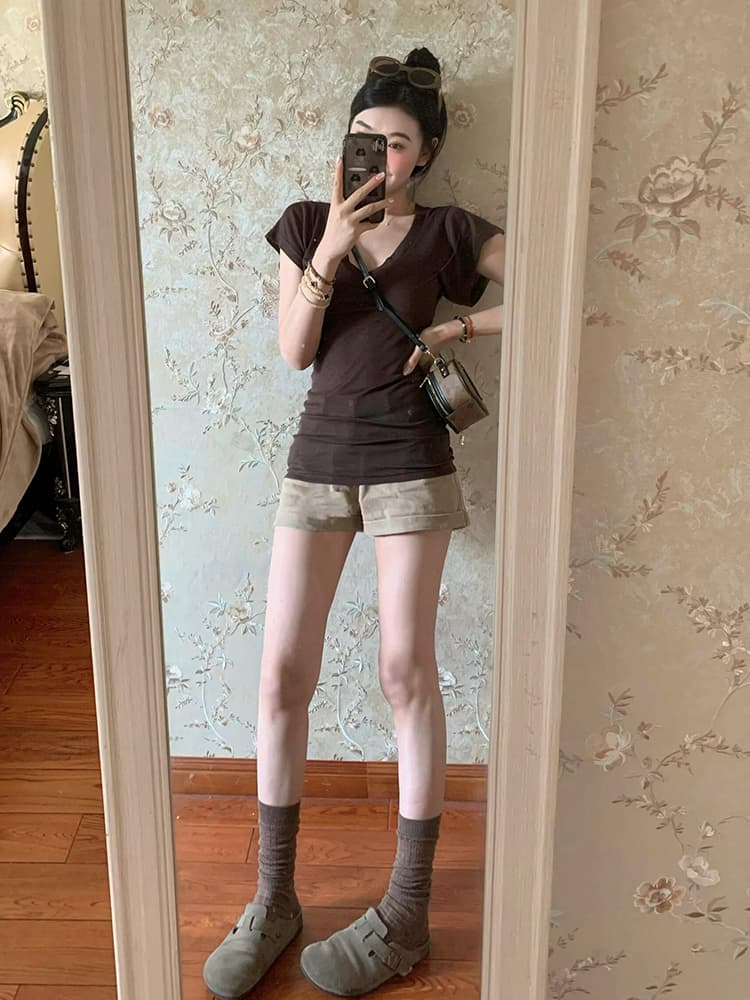 無地 Tシャツ シンプル美シルエット Vネック半袖