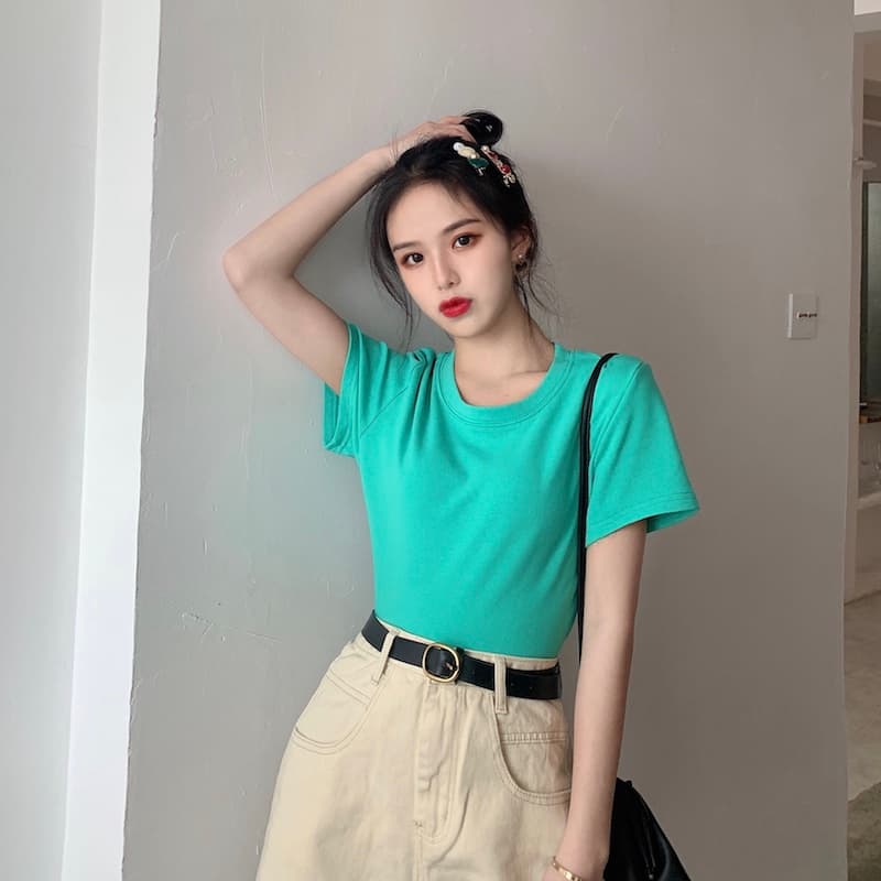 無地 Tシャツ シンプル丸首半袖カットソー