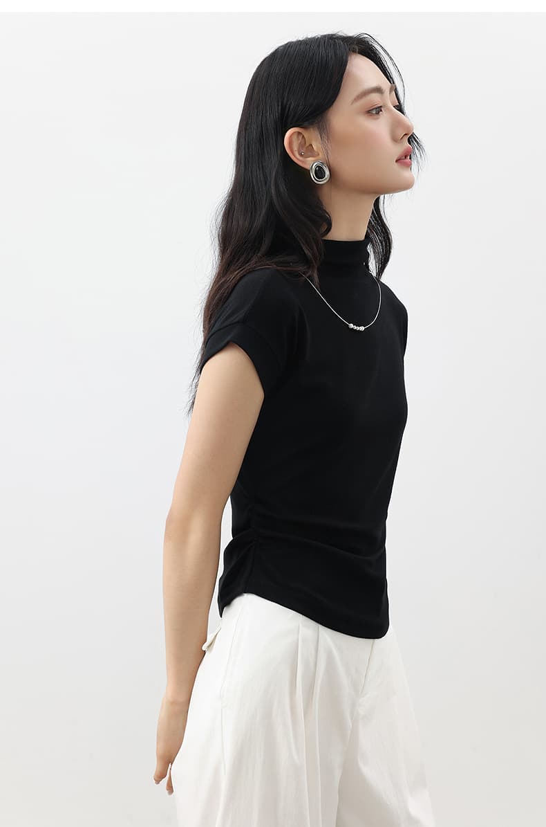 無地 Tシャツ すっきりハイネック無地フレンチ袖