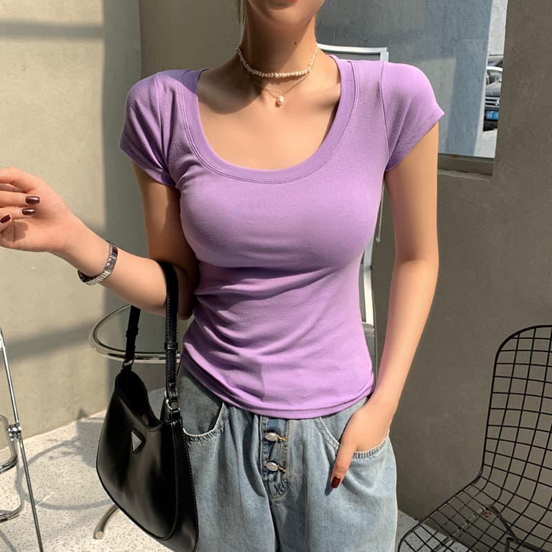 無地 Tシャツ 美胸ラインフィット 柔らか無地半袖