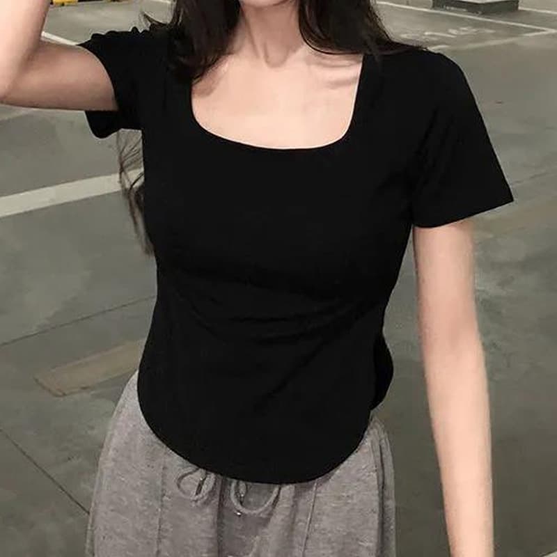 無地 Tシャツ スクエアネック シンプル半袖トップス